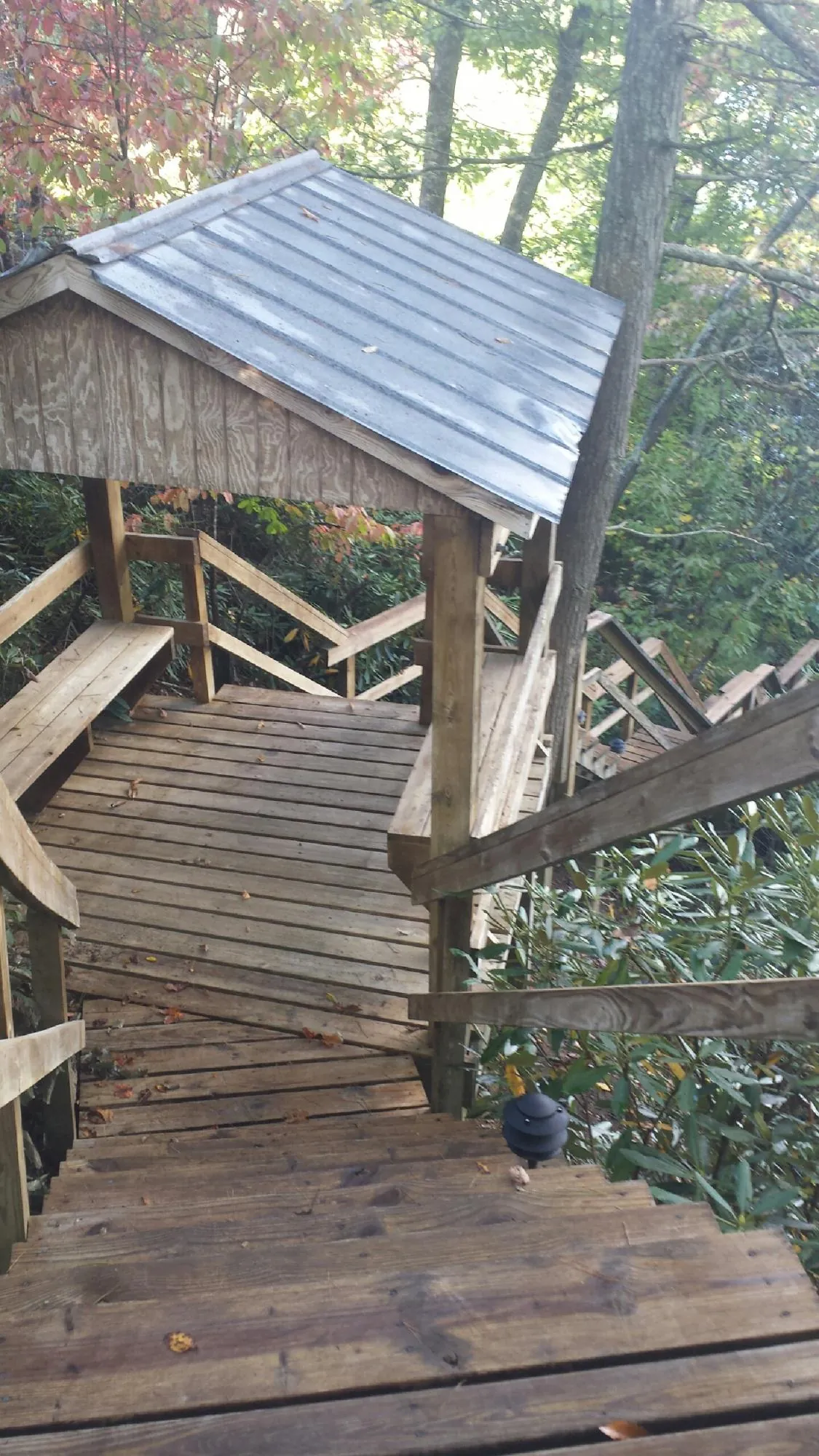 Metal roofed shelter over wooden steps on a wooded walkway — Skylight Repair & Installation work by our crew in Cressey